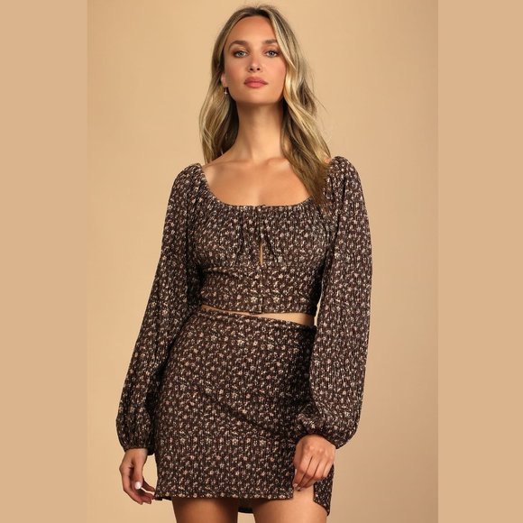 Lulus Dresses & Skirts - Lulus Certain Love Ribbed Brown Floral Long Sleeve Crop Top & Mini Skirt Set S